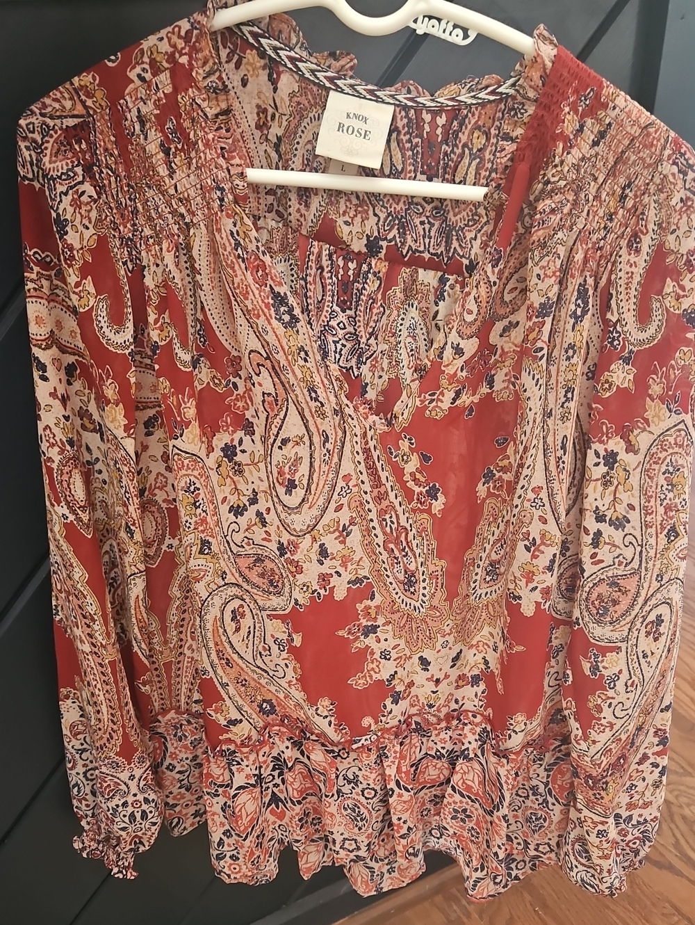 Knox Rose Rust and Cream Paisley Smocked Neck Tunic Size L